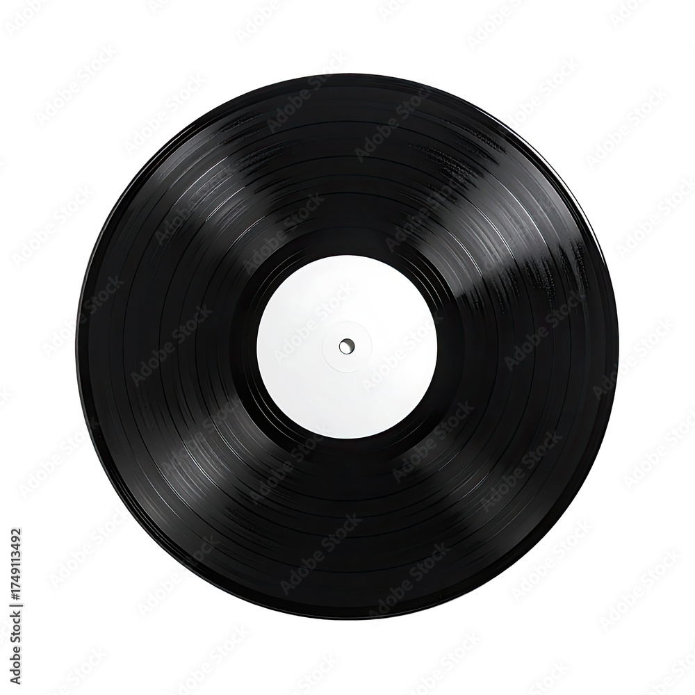 Obraz premium Black vinyl record, glossy surface, blank white label, spinning grooves, music