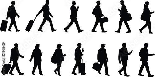 Silhouettes of walking business people with luggage and bags, travelers using smartphones, isolated vector figures,
