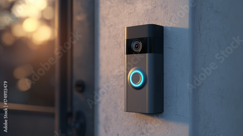 A ring doorbell camera mounted on a wall next to a door with a glowing blue ring button visible