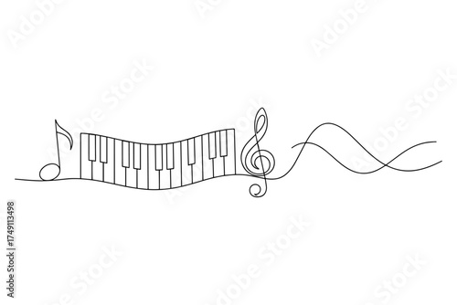 Continuous Line Art of Musical Note, 
Piano Keys, and Treble Clef – Elegant Black Line Drawing on White Background