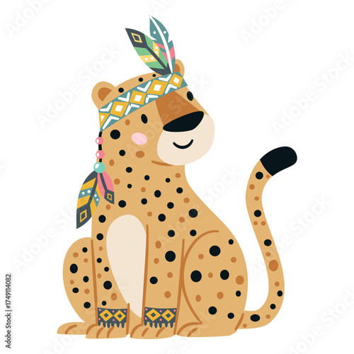 A cute leopard Indian sits with a feather headband on his head, a flat vector illustration on a white background. Indian . Vector illustration