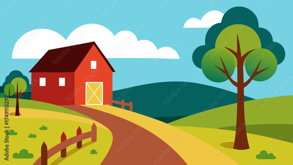 Fototapeta premium countryside road farmhouse trees rural nature landscape