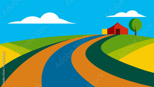 curved road farm plots blue sky rural landscape