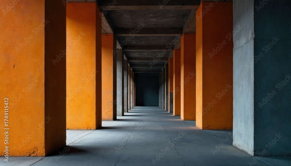 Fototapeta premium Modern Office Columns Abstract architectural elements within a clean, minimalist workspace setting. A minimalist, modern office interior with a focus on sleek, geometric concrete columns. Soft,