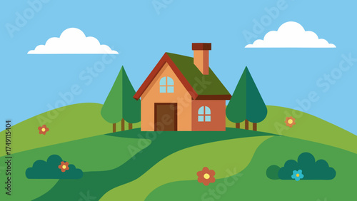 hillside cottage surrounded by grass and flowers