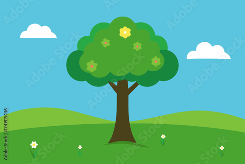 lone tree in the middle of a green meadow with sun