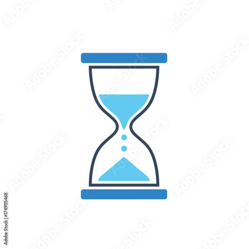 Modern flat design hourglass icon illustrating time passing, a countdown, or a waiting period with sand flowing from top to bottom, symbolizing deadlines and temporal progression