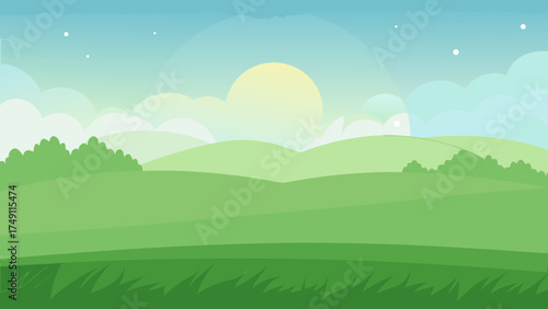morning light on a green meadow with mist and dew