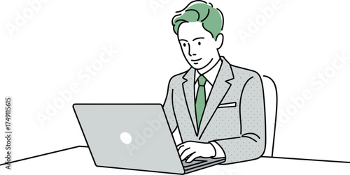 Man Working on Laptop Getting Idea with Lightbulb Above Head, Vector Line Art Illustration for Creative Thinking, Problem Solving, Innovation, and Business Solution.