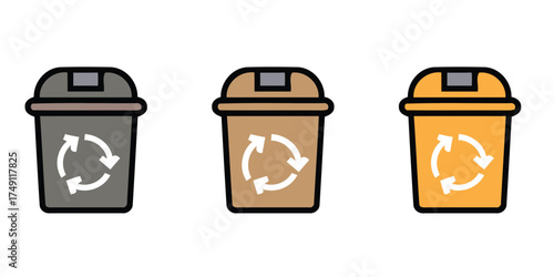 Set of three vector icons of different colored dustbins (trash cans) with recycling symbols. Concepts include waste management, recycling, environment, and garbage disposal. Editable EPS illustration.