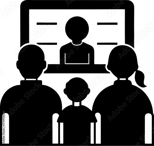 Family watching TV silhouette black icon