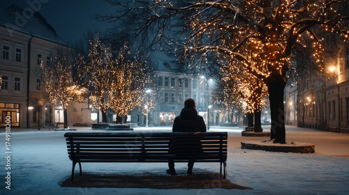 A lonely figure sitting on a snow-covered bench, looking up at a festive but empty town squar. Loneliness during Christmas holidays with copy space, holiday contrast, aging, and emotional storytelling