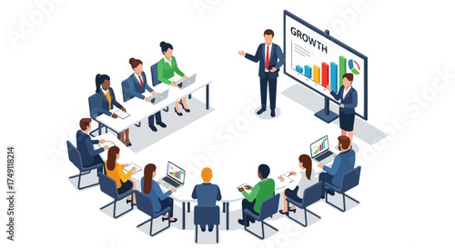 A business leader presenting a corporate growth strategy to a diverse team of professionals during a conference meeting