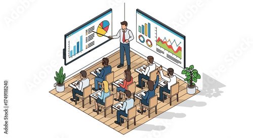 Illustration of a business presentation being given in a modern classroom setting with charts and graphs displayed on screens