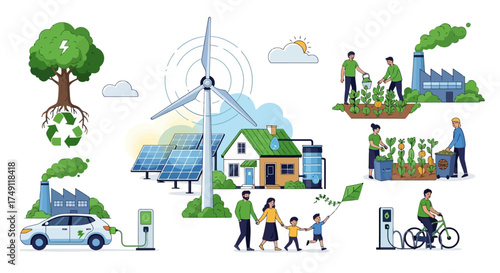 A conceptual illustration of a green lifestyle showcasing renewable energy, sustainable living, and an eco-friendly community