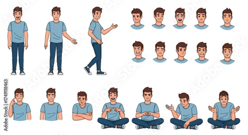Male Character Set Poses and Facial Expressions for Various Situations