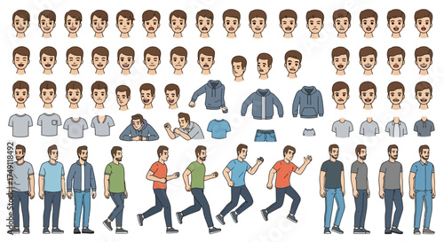 Pixel art male character sprite sheet for game development with various animations, expressions, and clothing