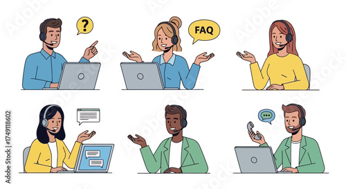 Customer service agents with headsets assisting clients via laptops and phones