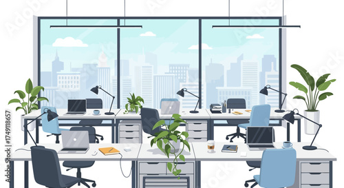 Modern office interior with desks, laptops, and plants overlooking a city skyline