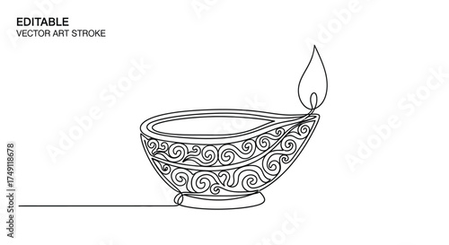 Elegant single line drawing of a traditional indian diya lamp with ornate decorative patterns and a flickering flame