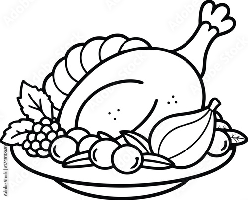 Delicious thanksgiving roasted turkey with fresh vegetables and herbs illustration