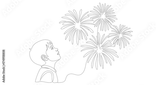 Whimsical line art illustration of a young child looking up in awe at a vibrant display of fireworks exploding in the night sky