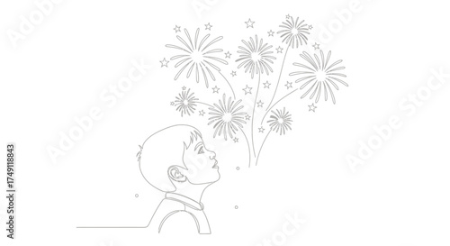 Young child with wide eyes looking up in wonder at a dazzling display of fireworks exploding in the night sky