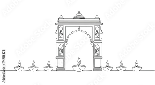 Ornate indian temple gateway with decorative arches and rows of traditional oil lamps creating a festive and spiritual atmosphere