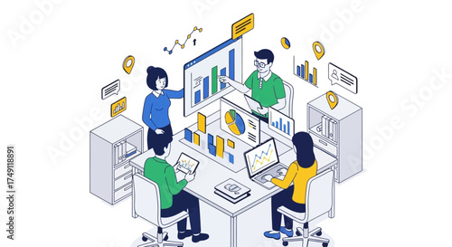 Isometric illustration of a business team collaborating in an office meeting, analyzing digital dashboards with charts and graphs for corporate strategy