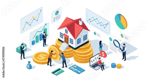 Real estate investment and financial analysis concept illustration with data and business people