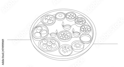 Overhead view of a circular platter filled with various small food items and garnishes in a simple line drawing style