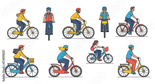 Illustrated group of diverse people enjoying bicycling, showcasing an active and sustainable lifestyle through different perspectives of riders on their bikes