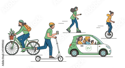 Diverse community enjoying eco-friendly transportation options like electric cars, scooters, bikes, and skates for a sustainable urban lifestyle