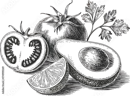 Hand drawn sketch of fresh tomatoes avocado and lime slice with herbs