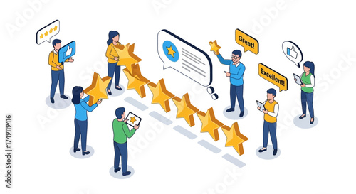 People giving a five-star rating and positive feedback. An isometric concept of customer review and user satisfaction