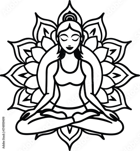 Serene woman in lotus pose silhouette surrounded by intricate mandala design
