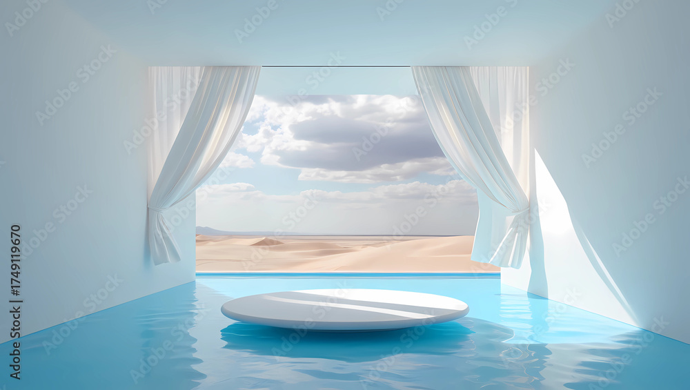 Fototapeta premium Serene Desert Vista Through an Open White Room, Featuring an Infinity Pool and Center Podium Peaceful Oasis Concept with Natural Light and Minimalist Design