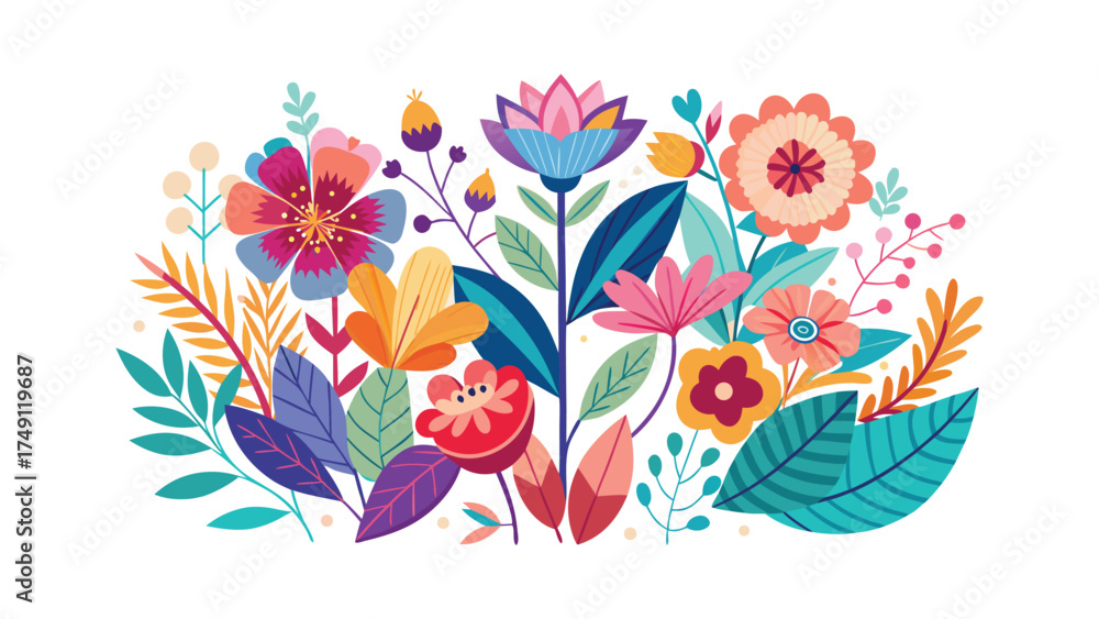 Fototapeta premium Abstract and Colorful Floral Arrangement with Diverse Flowers and Leaves vector