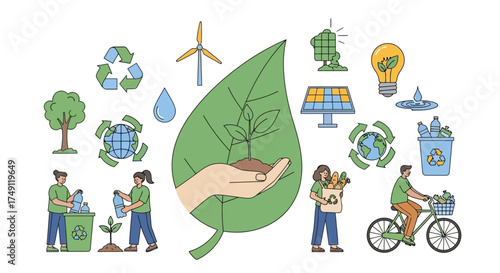 Sustainable Living and Environmental Conservation Concepts Illustrated