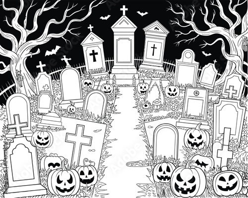 Spooky halloween cemetery scene with jack o lanterns and gravestones