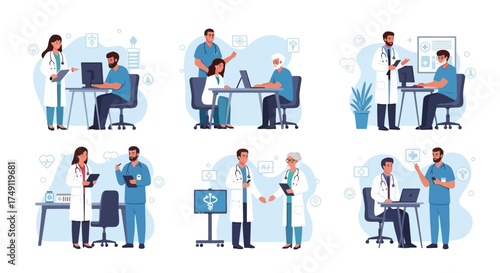 Medical professionals collaborating and consulting in a clinic setting, illustrating teamwork and patient care