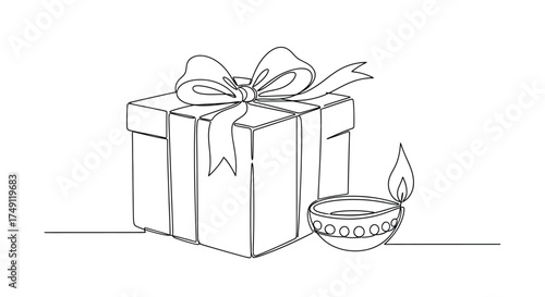 Simple line drawing of a gift box with a bow next to a decorative candle perfect for holiday or celebration themes