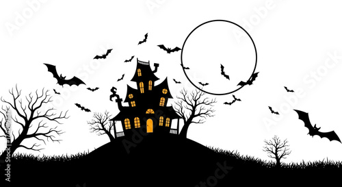Spooky Halloween Scene Haunted House Silhouette, Bats, and Full Moon Against White Background