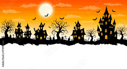 Spooky Halloween Nightscape with Silhouetted Haunted Houses, Creepy Trees, and a Full Moon in a Dramatic Orange Sky