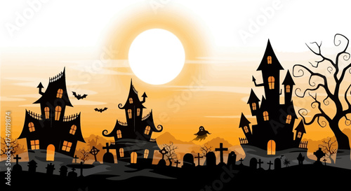 Eerie Halloween night landscape illustration showcasing spooky haunted castles, flying bats, and gravestones silhouetted against a radiant full moon and an orange sky