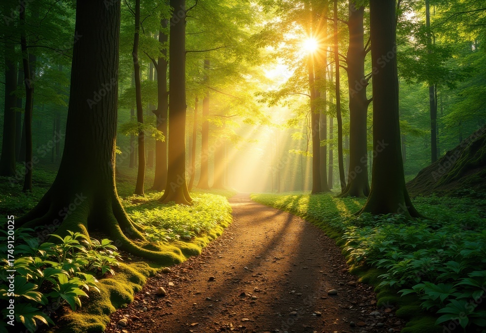 Obraz premium Enchanting Lush Forest Pathway Illuminated by Dappled Sunlight Creating a Scenic Nature Escape