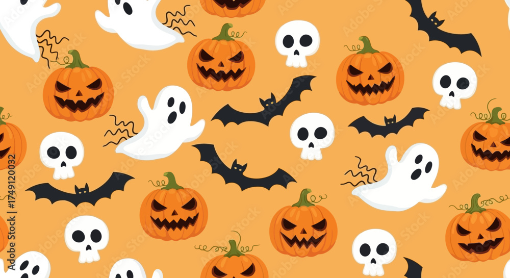 Fototapeta premium Halloween-themed Pattern Pumpkins, Ghosts, Bats, and Skulls on an Orange Background