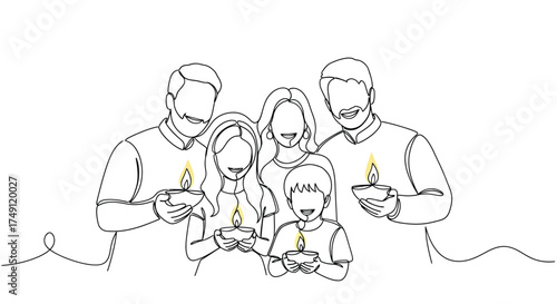 A loving family of five holding lit candles together in a heartwarming line art illustration celebrating unity and togetherness