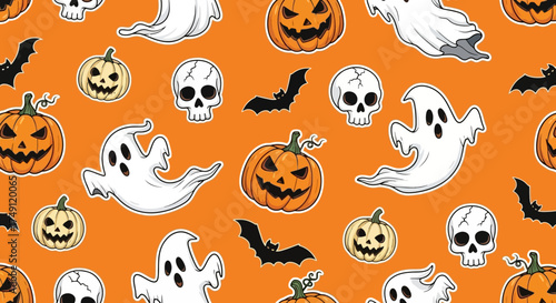 Vibrant Halloween seamless pattern with playful ghosts, grinning jack-o'-lanterns, spooky skulls, and flying bats on a bright orange background, ideal for festive seasonal designs