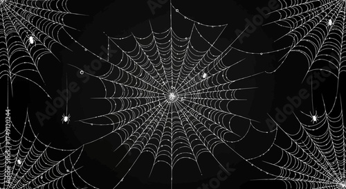 Ethereal Spiderwebs Adorned with Dewdrops in the Dark of Night